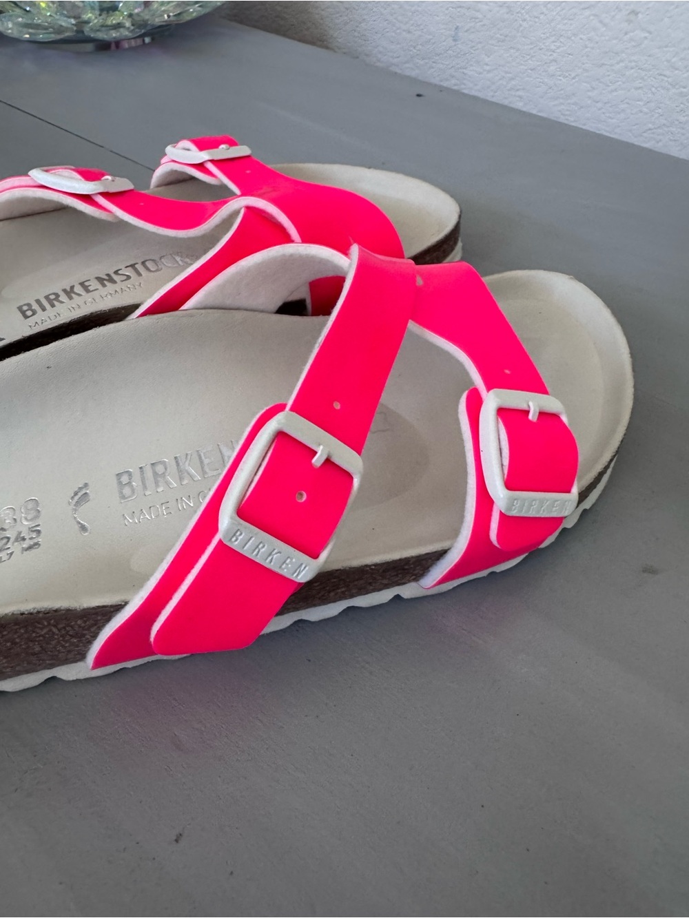 Birkenstock Neon Pink Double Buckle Cork Footbed Sandals - Picture 3 of 5